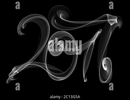 2017 isolierte Zahlen geschrieben mit weißem Rauch oder Feuer Licht auf schwarzem Hintergrund Stockfoto
