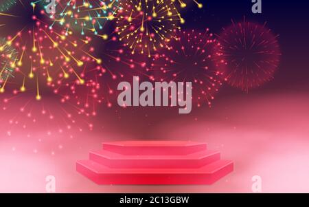 Silbernes Podium mit buntem Feuerwerk Hintergrund Stock Vektor