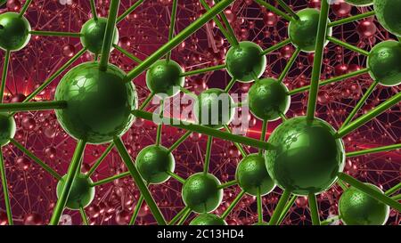 Rot und grün Molekulare geometrische Chaos abstrakte Struktur. Wissenschaft Technologie Netzwerk Verbindung Hi-Tech Hintergrund 3d Renderin Stockfoto