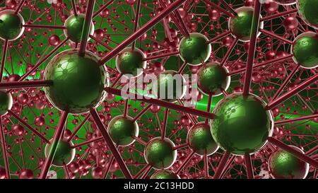 Rot und grün Molekulare geometrische Chaos abstrakte Struktur. Wissenschaft Technologie Netzwerk Verbindung Hi-Tech Hintergrund 3d Renderin Stockfoto