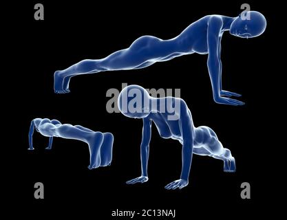 Junge muskulöse Frau tut Kernübung auf dem Boden vor schwarzem Hintergrund. Fit weiblich bekommen Press-ups während des Trainings Stockfoto