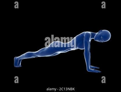 Junge muskulöse Frau tut Kernübung auf dem Boden vor schwarzem Hintergrund. Fit weiblich bekommen Press-ups während des Trainings Stockfoto
