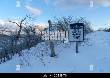 Wanderweg im Winter im Schnee begraben im Gelände des Wasatch Mountain Stockfoto