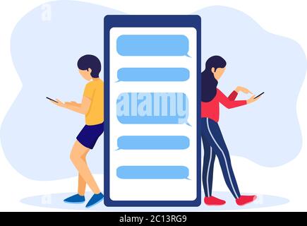 Männer und Frauen stehen und lehnen sich auf große Smartphone, Lesen Online-Nachrichten, Menschen News-Telefon-Konzept, Vektor-Illustration Stock Vektor