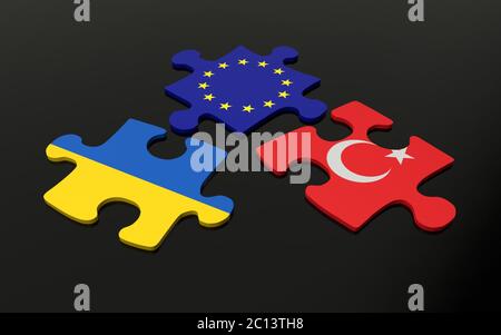 Puzzle mit Europa, Türkei und Ukraine Flaggen Stockfoto