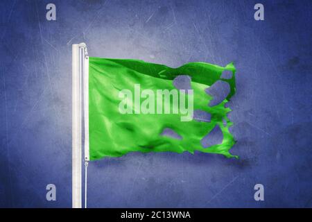 Zerrissene grüne Flagge, die vor grunge Hintergrund fliegt Stockfoto