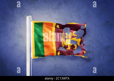 Zerrissene Flagge Sri Lankas vor grunge Hintergrund Stockfoto