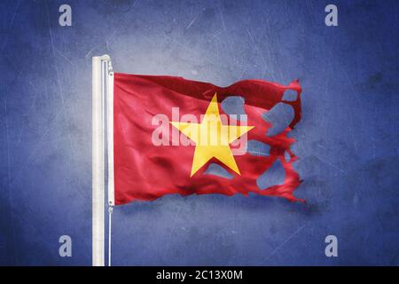 Zerrissene Flagge Vietnams vor grunge Hintergrund Stockfoto