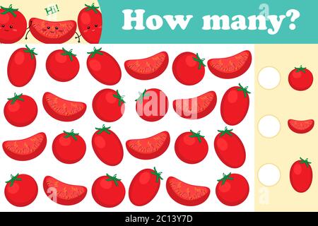 Pädagogisches Spiel für Kinder im Vorschulalter, Kinder. Mathematik-Aufgabe. Wie viele, Zählen Spiel. Lernen von Mathematik, Zahlen und Formen. Stock Vektor