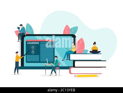 Menschen mit Gadgets und Lehrer zeigt auf Tablet-Bildschirm auf weißem Hintergrund, Vektor-Illustration in flacher Stil Stock Vektor