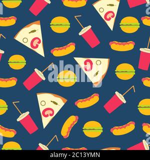 Fast Food und Limonaden auf blauem Hintergrund, flacher Stil Vektor nahtloses Muster. Trendige Stoff- oder Tapetengestaltung Stock Vektor