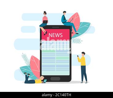 Menschen mit Geräten um Handy mit News-Artikel auf dem Bildschirm, isoliert. Vektorgrafik in flacher Form Stock Vektor