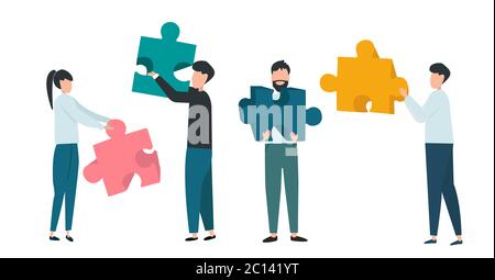 Gemeinsame Arbeit. Business-Team hält Puzzle-Stücke auf weißem Hintergrund, Vektor-Illustration in flachem Stil Stock Vektor