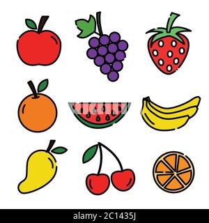 Obst Icon Set, Mango, Orange, Traube, Bananen, Kirsche und Erdbeere, Vektor-Design. Stock Vektor