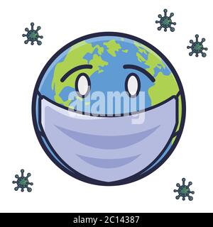 Vektorgrafik Erde Tragen Maske. Corona Zeichentrickfigur. World Icon Concept weiß isoliert. Flacher Cartoon-Stil Stock Vektor