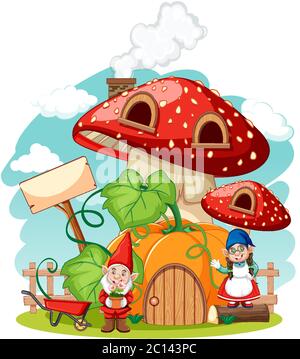 Gnome und Pilz Pumpkin Haus Cartoon-Stil auf weißem Hintergrund Illustration Stock Vektor