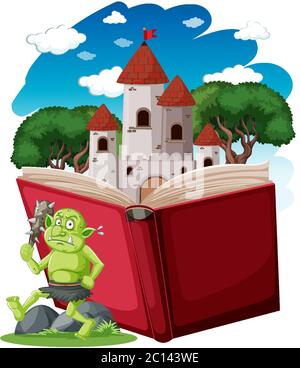 Goblin oder Troll und Burg Turm auf Pop-up-Buch Cartoon-Stil auf weißem Hintergrund Illustration Stock Vektor