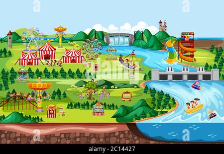 Themenpark Landschaft Szene und viele Fahrten mit glücklichen Kindern Illustration Stock Vektor