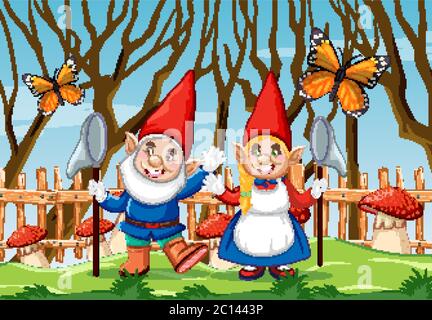 GNOME mit rotem Pilz und Schmetterling in der Gartenszene Illustration Stock Vektor