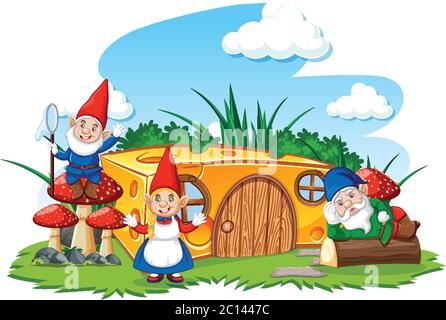 Gnome und Käsehaus im Garten Cartoon-Stil auf Himmel Hintergrund Illustration Stock Vektor