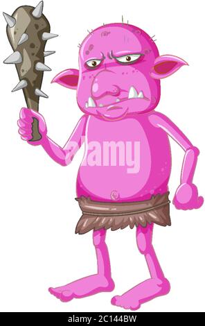 Rosa Kobold oder Troll halten Jagd-Tool in Cartoon-Charakter isoliert Illustration Stock Vektor