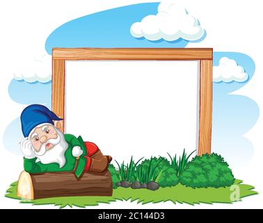 GNOME liegt auf Stumpf vor dem leeren Banner Cartoon-Stil auf weißem Hintergrund Illustration Stock Vektor