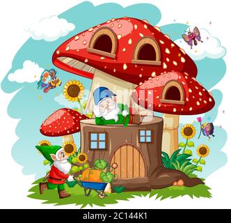 Gnomen und stumpf Pilz Haus und im Garten Cartoon-Stil auf Himmel Hintergrund Illustration Stock Vektor