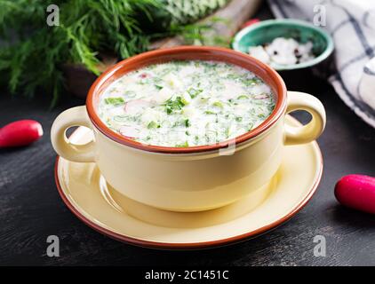 Okroshka. Kalte Sommersuppe mit Joghurt und Gemüse in Schüssel. Stockfoto