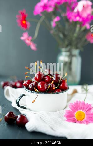 Reife saftige süße Kirsche Beeren in Wassertröpfchen in weißem Aluminium Tasse auf Baumwolle Serviette mit leuchtend rosa Kamille, ein Bouquet von Feld rosa Blüten o Stockfoto