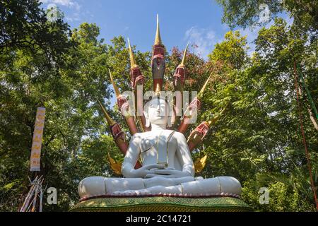 Phayao, Thailand - 24. Nov 2019: Naga oder Schlange Buddha Statue im Wald mit blauem Himmel Hintergrund Stockfoto