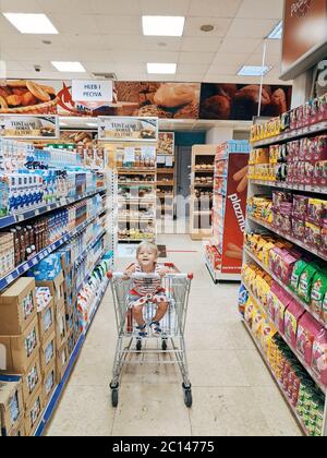 Budva, Montenegro - 10. juni 2020: Ein kleines Kind sitzt in einem Trolley vom Supermarkt. In der Abteilung mit Milch und Tierfutter. Stockfoto