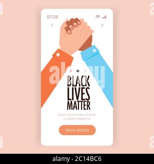 Schwarze Leben Materie multirassische Paar Hand in Hand halten Kampagne gegen Rassendiskriminierung der dunklen Hautfarbe Unterstützung für gleiche Rechte der schwarzen Menschen Smartphone-Bildschirm Vektor-Illustration. Stock Vektor