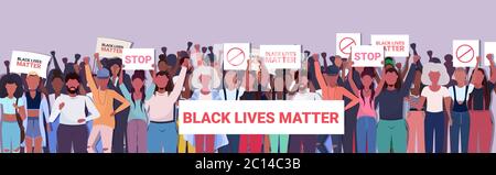 afroamerikanische Demonstranten mit schwarzen Leben Angelegenheit Banner Sensibilisierungskampagne gegen Rassendiskriminierung Unterstützung für gleiche Rechte der schwarzen Menschen Porträt horizontale Vektor Illustration Stock Vektor