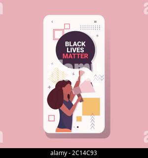 afroamerikanische Frau schreien in Lautsprecher schwarz lebt Materie Sensibilisierungskampagne gegen Rassendiskriminierung der dunklen Hautfarbe Smartphone Bildschirm Vektor Illustration Stock Vektor