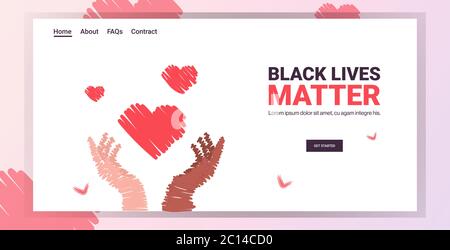 Black Lives Matter Heart in multirassischen Händen Sensibilisierungskampagne gegen rassische Diskriminierung der dunklen Hautfarbe Unterstützung für gleiche Rechte der schwarzen Menschen horizontalen Kopie Raum Vektor Illustration. Stock Vektor