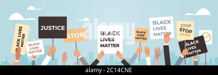 Protesters Hände halten schwarze Leben Angelegenheit Banner Sensibilisierungskampagne gegen Rassendiskriminierung der dunklen Hautfarbe Unterstützung für gleiche Rechte der schwarzen Menschen horizontalen Vektor-Illustration. Stock Vektor