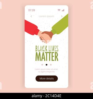 Schwarze Leben Materie multirassische Paar Hand in Hand halten Kampagne gegen Rassendiskriminierung der dunklen Hautfarbe Unterstützung für gleiche Rechte der schwarzen Menschen Smartphone-Bildschirm Vektor-Illustration. Stock Vektor