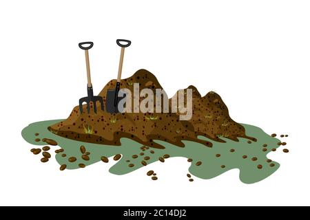 Haufen Erde isoliert auf weißem Hintergrund. Heugabel und Schaufel in einem Haufen Boden. Haufen Substrat, Humus, Dünger, Kompost. Keine Verschwendung. Vektor Stock Vektor