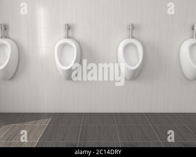 Weiße keramische Urinale hängen an der Wand in der öffentlichen Toilette. 3d-Rendering-Illustration. Stockfoto