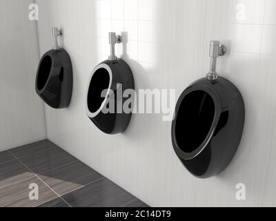 Schwarze keramische Urinale hängen an der Wand in der öffentlichen Toilette. Vorderansicht. 3d-Rendering-Illustration. Stockfoto