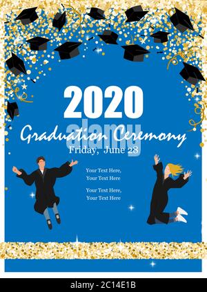 Graduation Klasse Zeremonie von 2020 Grußkarten mit Graduate Hüte in der Luft Gold Konfetti gesetzt. Vector Grad Party Einladung Poster. Stock Vektor
