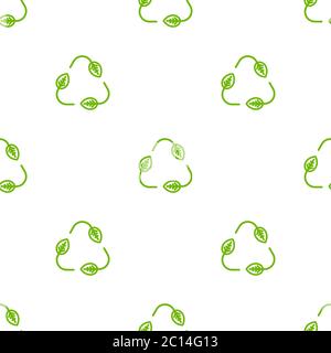 Nahtloses Öko-Muster. Drei Pfeile mit Blättern Öko recyceln. Wiederverwendung Ornament auf weißem Hintergrund. Grüne flache Vektor-Tapete. Blatt Ökologie Kreis Symbo Stock Vektor