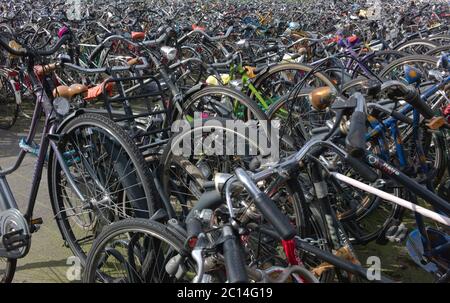 Parkplatz im Freien mit vielen farbigen Fahrrädern in Amsterdam, Niederlande. Stockfoto