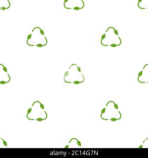 Nahtloses Öko-Muster. Drei Pfeile mit Blättern Öko recyceln. Wiederverwendung Ornament auf weißem Hintergrund. Grüne flache Vektor-Tapete. Blatt Ökologie Kreis Symbo Stock Vektor