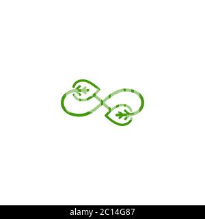 Infinity-Zeichen mit Blättern Pfeile. Endlose Ressource. Eco Recycling-Symbol. Linie Piktogramm isoliert auf weiß. Vektordarstellung wiederverwenden. Grüne flache Kontur Stock Vektor
