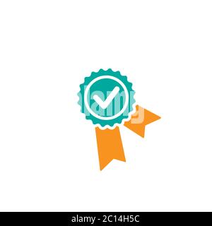 Gültiges Siegel-Symbol. Blauer Kreis mit Band und Goldtick. Sticker-Symbol für „flach OK“. Isoliert auf Weiß. Schaltfläche Akzeptieren. Vektorgrafik. Qualität Version Stock Vektor