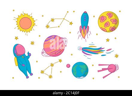 Weltraum Set mit Astronaut, Planeten, Konstellationen und anderen kosmischen Objekten. Vektor-Illustration in niedlichen Cartoon-Stil Stock Vektor