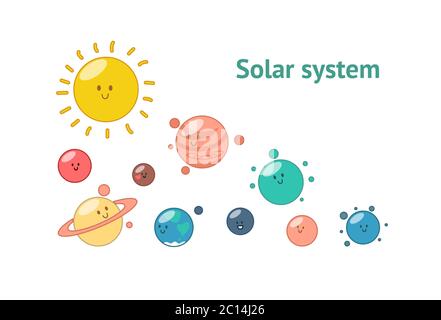 Sonnensystem Planeten und die Sonne. Niedliche Zeichen für Muster auf Papier, Stoff, Textil und Web-Designs. Vektorgrafik im Cartoon-Stil Stock Vektor