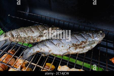 Köstliche gegrillte Gemüse- und Fleischspieße in einer Kräutermarinade mit Meeresfrüchten gegrilltes Fischfutter mit Salz auf dem Grillfeuer und Rauch im Dunkeln Stockfoto