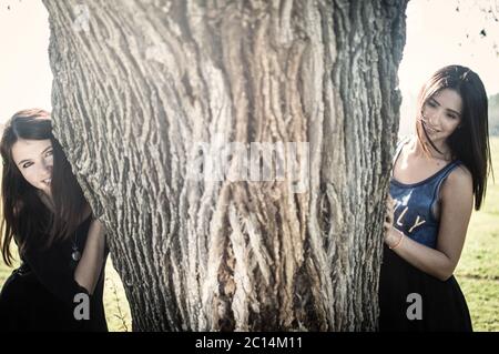 Zwei Freundinnen genießen sich gegenseitig Gesellschaft im Park. Modell freigegeben Stockfoto